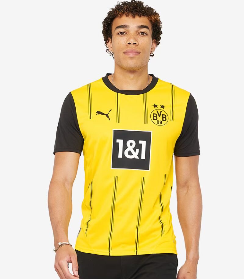 dortmund home shirt in yellow with black pinstripes and black sleeves 